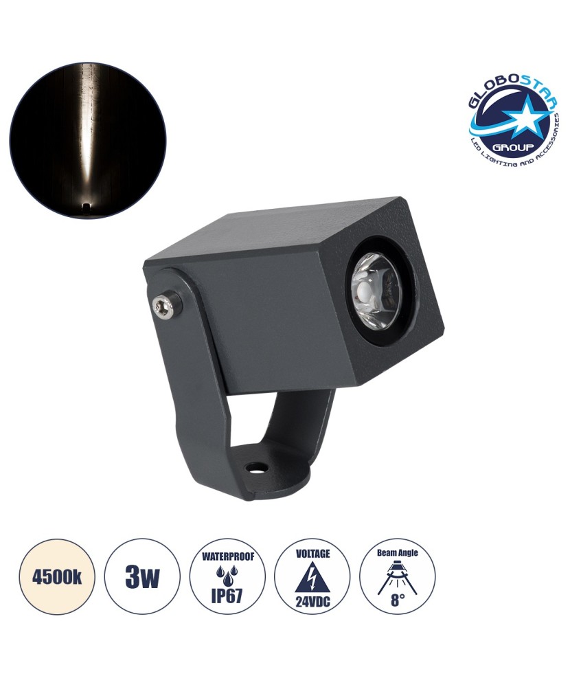 GloboStar® TREELIGHT-TREEMARO 90473 Σποτ Φωτισμού Ειδικό για Φυτά - Δέντρα LED 3W 345lm 8° DC 24V Αδιάβροχο IP67 Μ3.5 x Π6.4 x Υ10cm Φυσικό Λευκό 4500K - Γκρι Ανθρακί - 3 Years Warranty